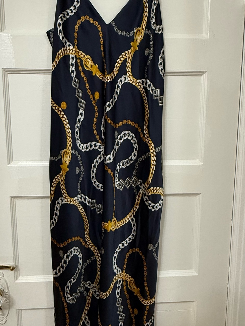 L'AGENCE Navy Slip Dress with Gold Chain Print Silk